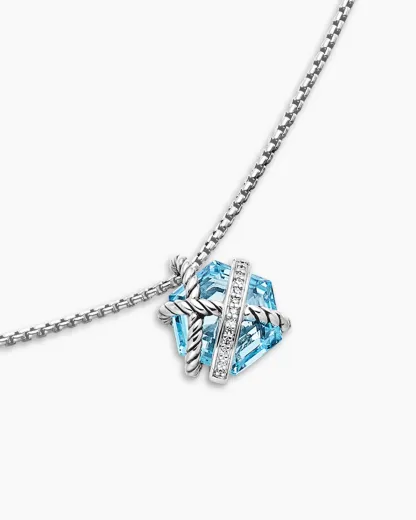 Cable Wrap Necklace Sterling Silver with Blue Topaz and Diamonds, 12.5mm