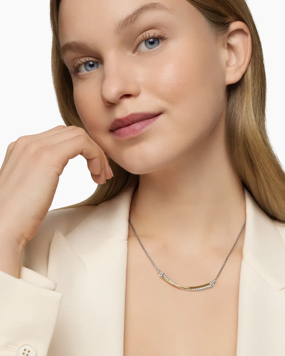 Crossover Bar Necklace Sterling Silver with 18K Yellow Gold