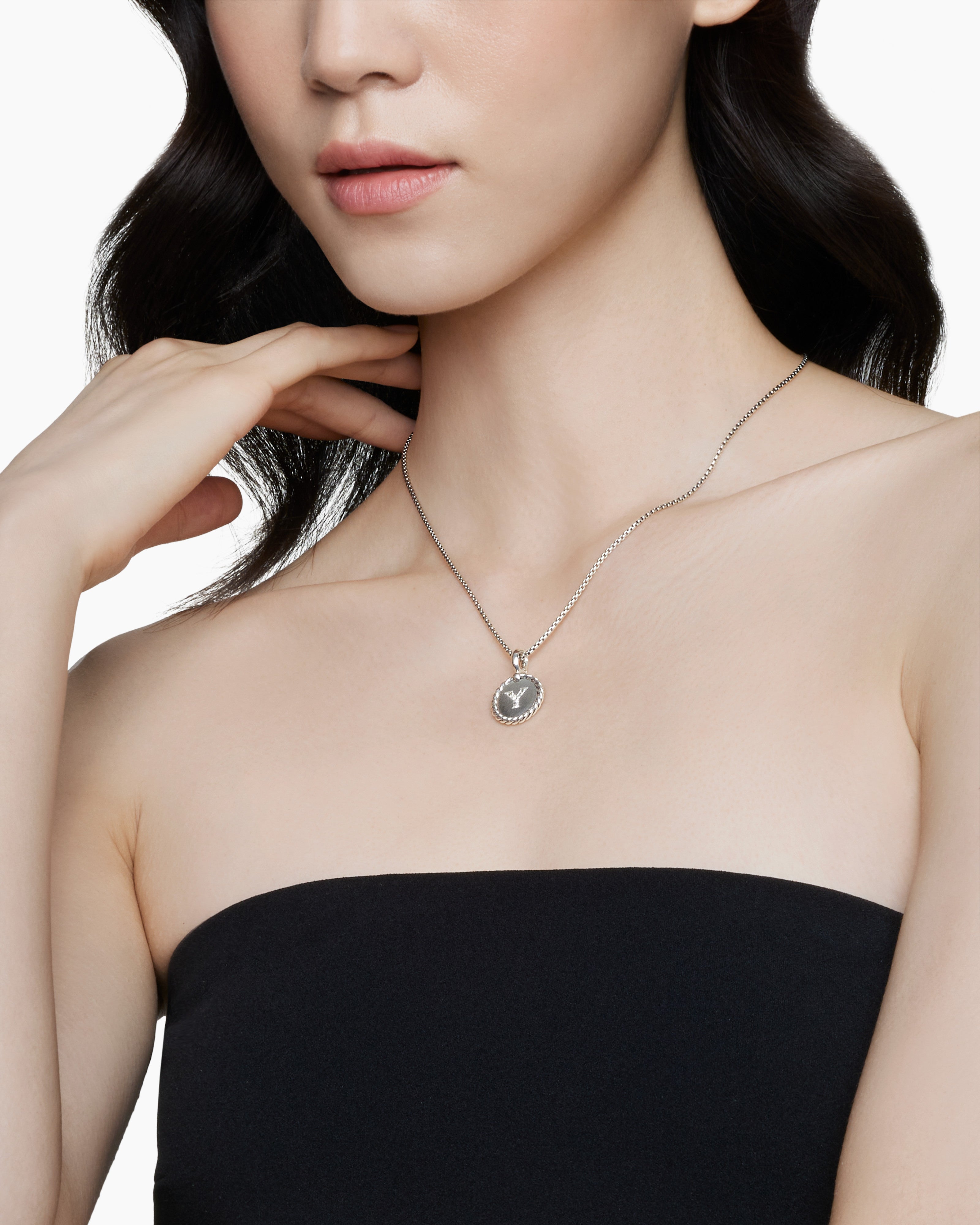 Initial Charm Necklace Sterling Silver with Diamond Y