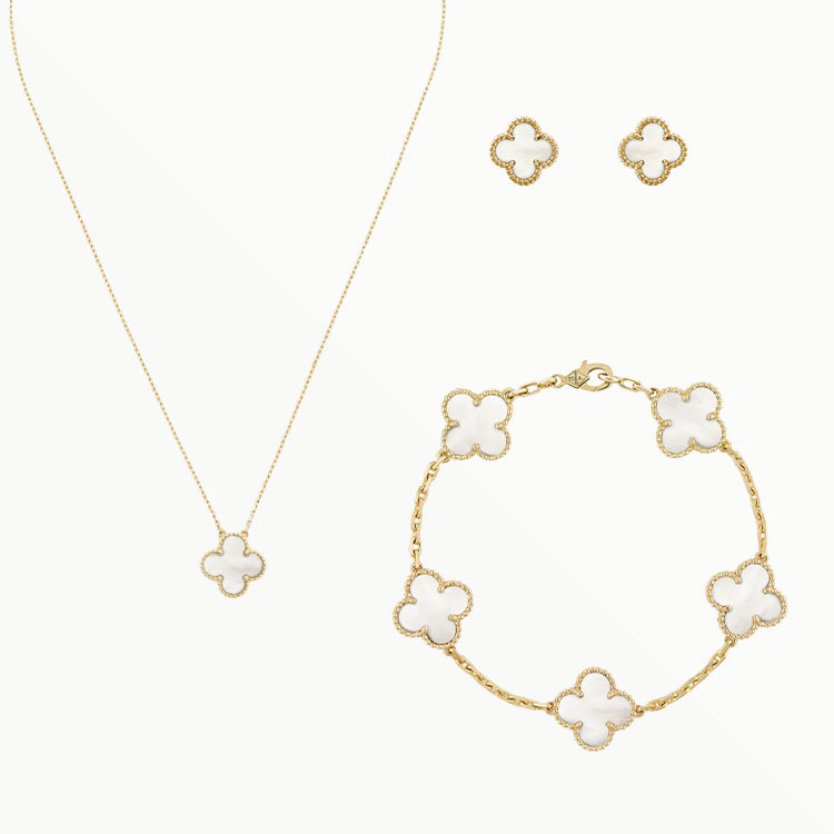 3-PIECE GOLD CLOVER JEWELRY SET: NECKLACE, BRACELET & EARRINGS