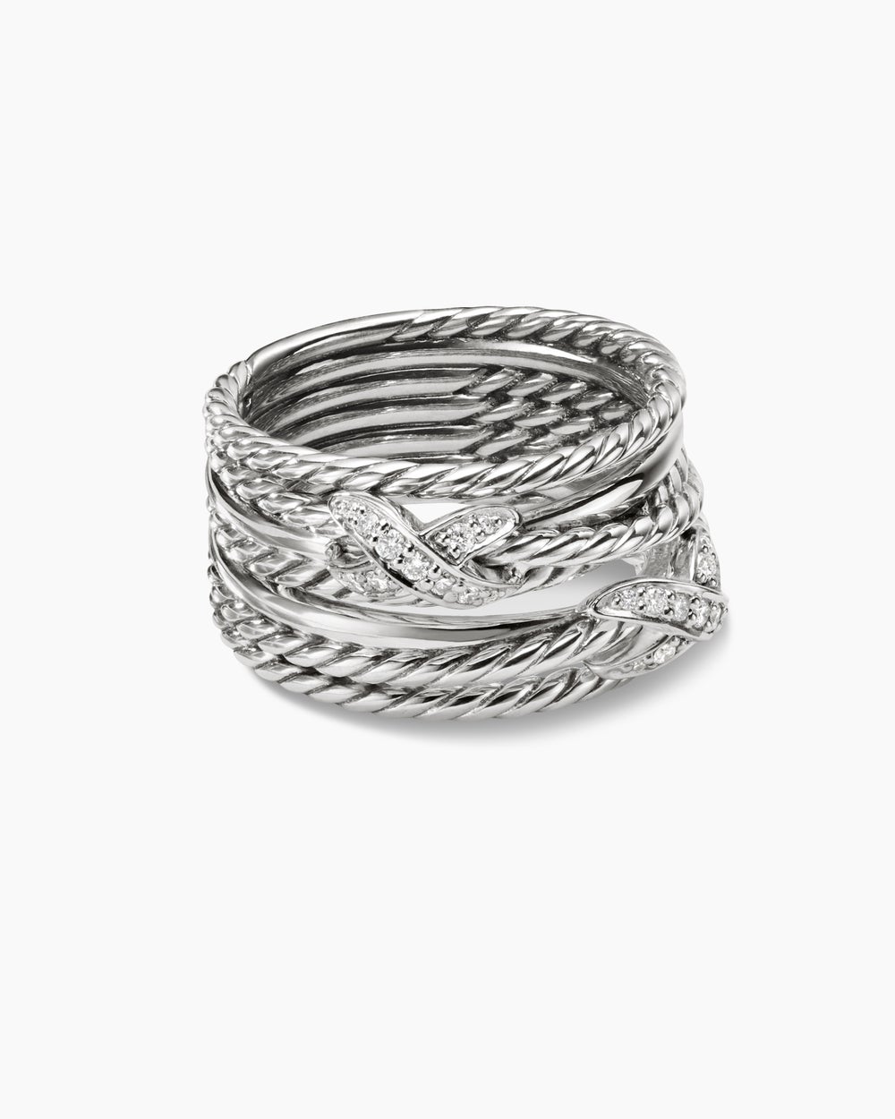 Double X Crossover Ring Sterling Silver with Diamonds, 13mm