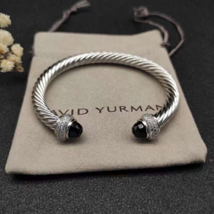 Cable Bracelet Sterling Silver with Black Onyx and Diamonds, 7mm