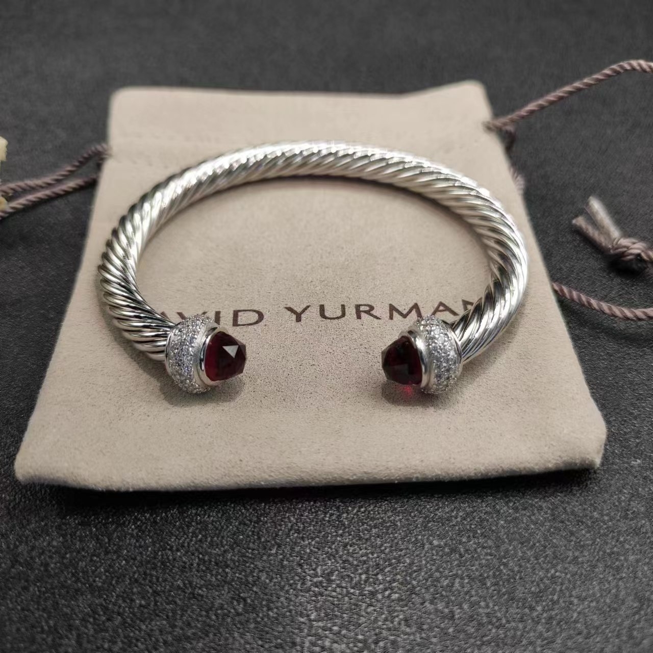 Cable Bracelet Sterling Silver with Garnets and Diamonds, 7mm