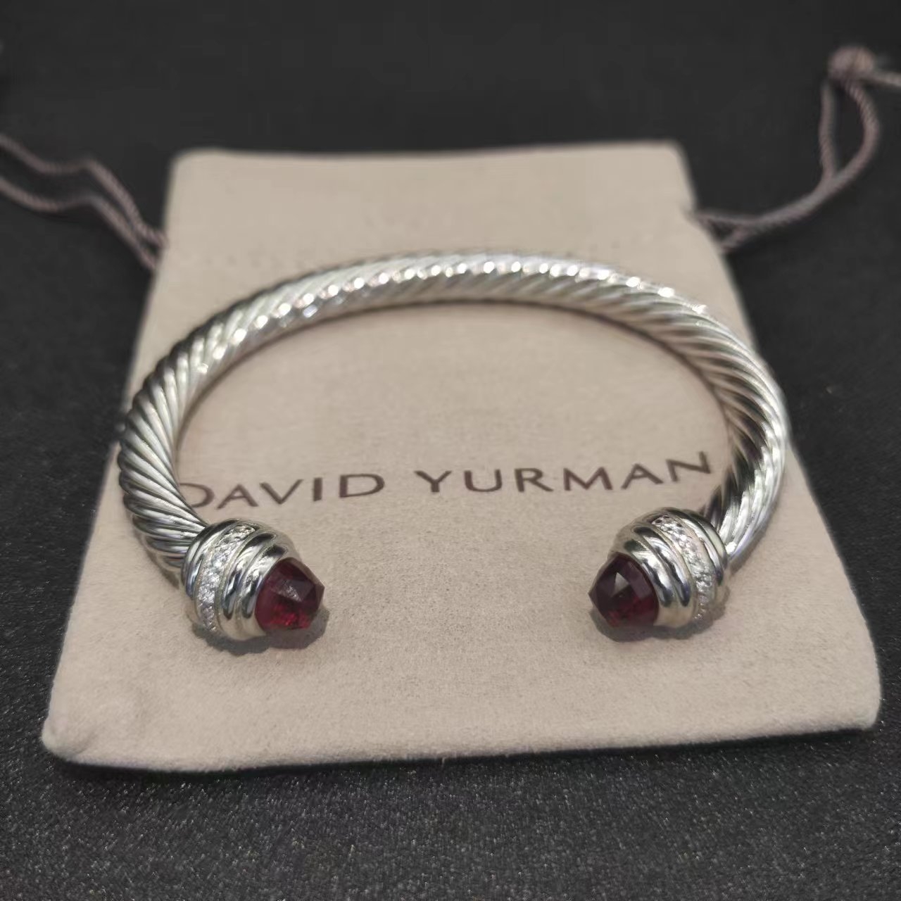 Classic Cable Bracelet Sterling Silver with Garnets and Diamonds, 7mm