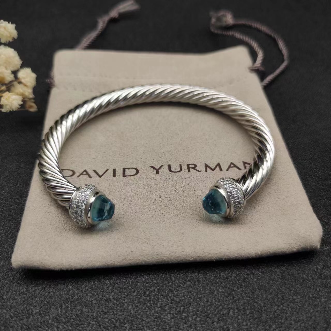 Cable Bracelet Sterling Silver with Blue Topaz and Diamonds, 7mm