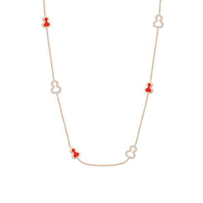 Wulu 22 inches sautoir necklace in 18K rose gold with diamonds and red enamel