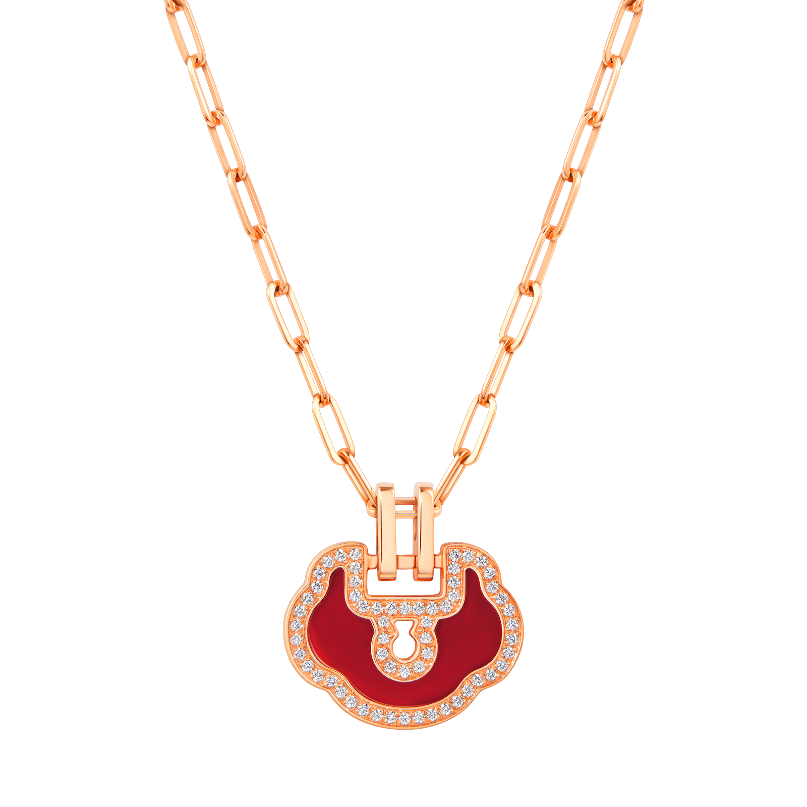 Small Yu Yi necklace in 18K rose gold with diamonds and red agate
