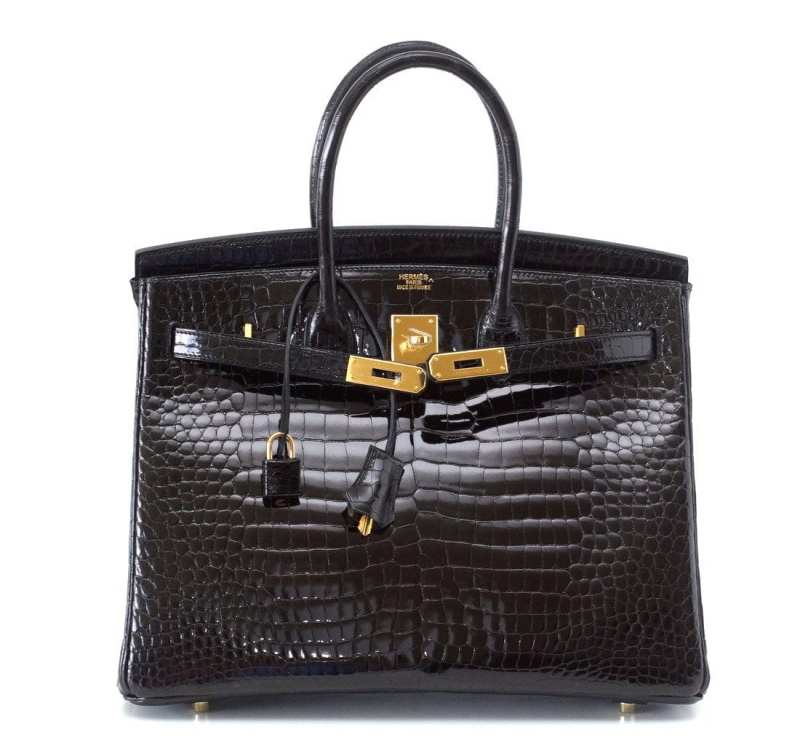Birkin 35 Black Porosus Crocodile with Gold Hardware