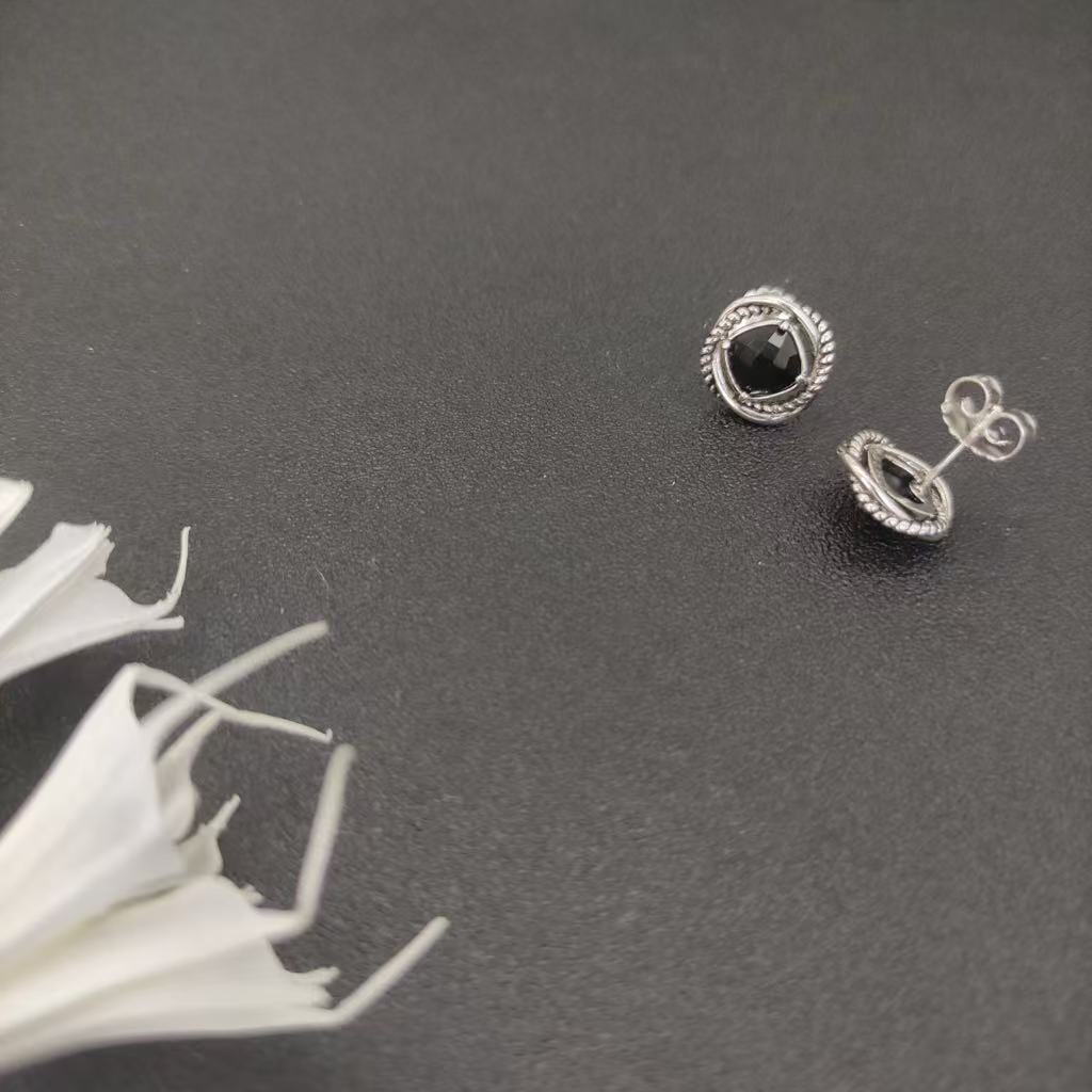Infinity Stud Earrings Sterling Silver with Black Onyx, 13mm