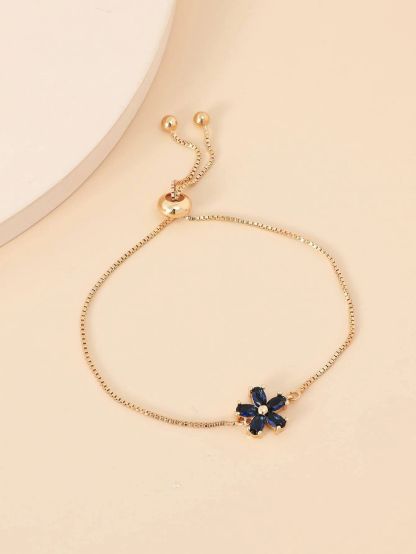 1pc Flower Shaped Copper With Cubic Zirconia Inlaid Adjustable Drawstring Bracelet Suitable For Women's Daily Wear, Date And Party
