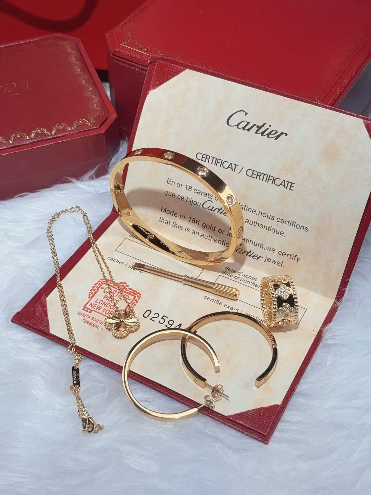 LOVE BRACELET, 10 DIAMONDS + LOVE EARRINGS + VINTAGE ALHAMBRA PENDANT + PERLEE CLOVERS RING