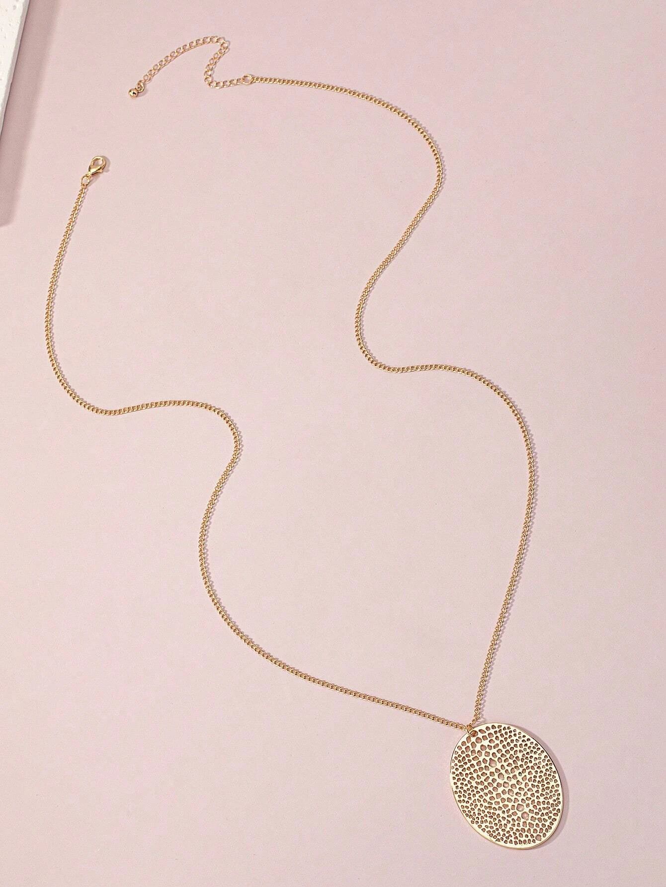 1pc Gold-Tone Alloy Ellipse Pendant Simple Fashionable Elegant Long Necklace