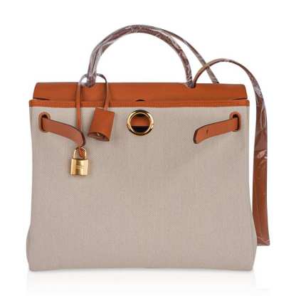 Herbag Zip Retourne 31 Bag Beton Toile Militaire / Natural Sable Leather Gold Hardware