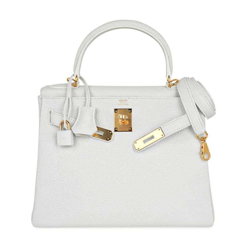 Kelly 28 Retourne Bag White Clemence Leather with Gold Hardware
