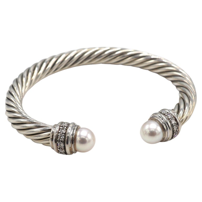 Classic Cable Bracelet Sterling Silver with Pearl & Natural Diamond Sterling 7 MM