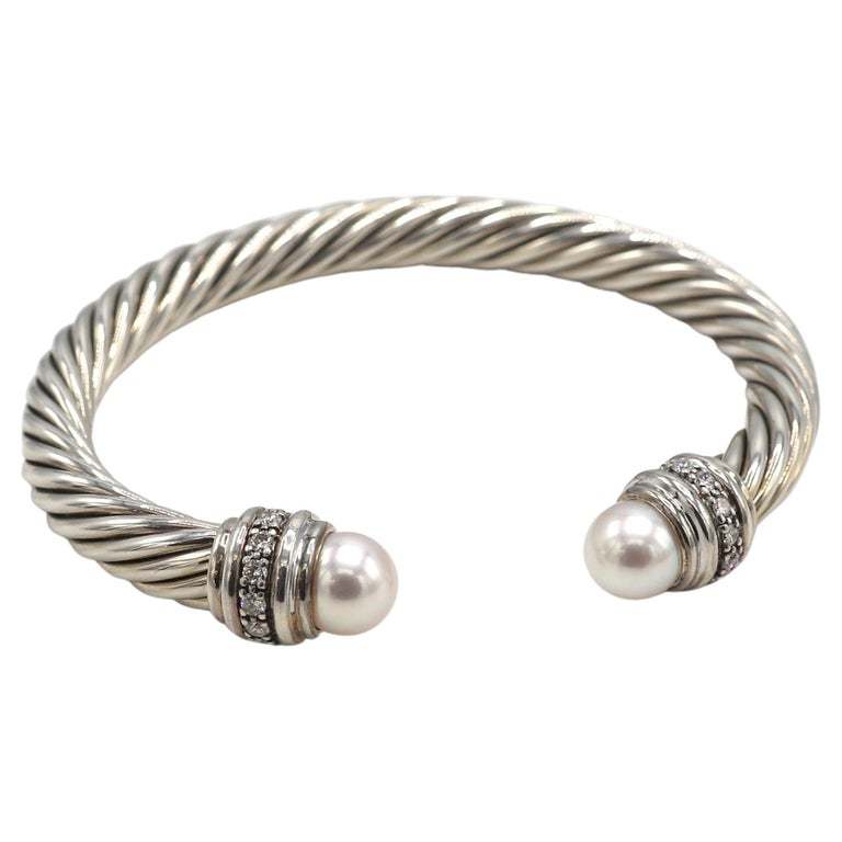 Classic Cable Bracelet Sterling Silver with Pearl & Natural Diamond Sterling 7 MM