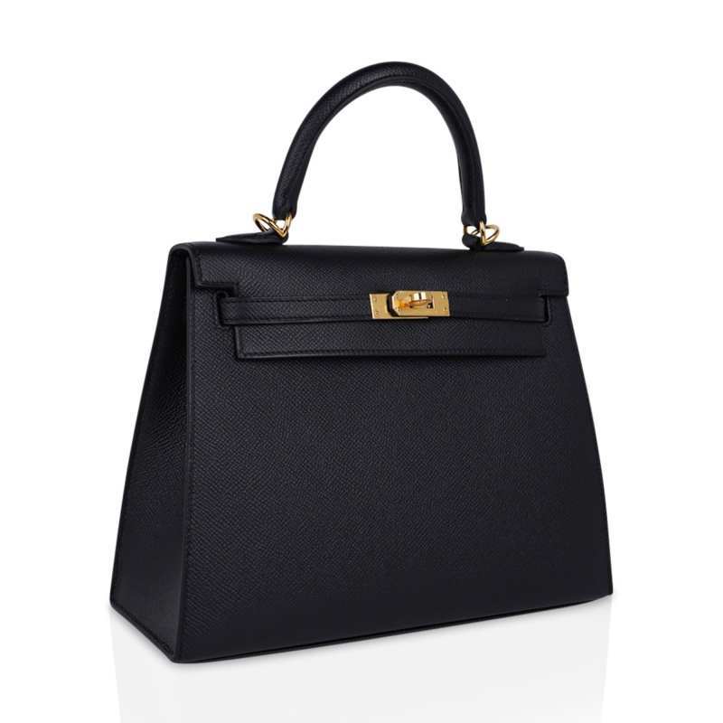 Kelly Sellier 25 Bag Black Epsom Gold Hardware New