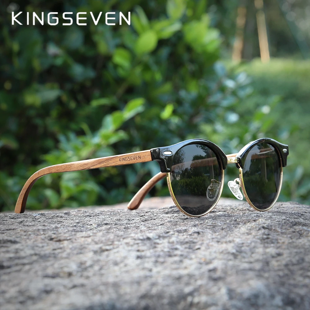 KINGSEVEN Handmade High Quality Black Walnut Wood Sunglasses Fashion Men Women Polarized Mirror Glasses Male UV400 Shades Oculos