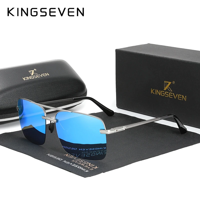 KINGSEVEN Alloy Sunglasses For Men Design 2024 Luxury Brand Half Square Frame Vintage Women Eyewear Glasses Gafas De Sol N7466