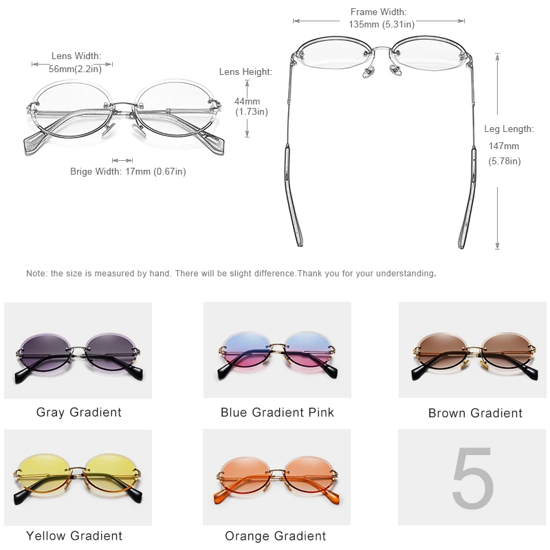 KINGSEVEN Brand Design Fashion Round Women Rimless Gradient Sunglasses Vintage Alloy Frame Classic Shades