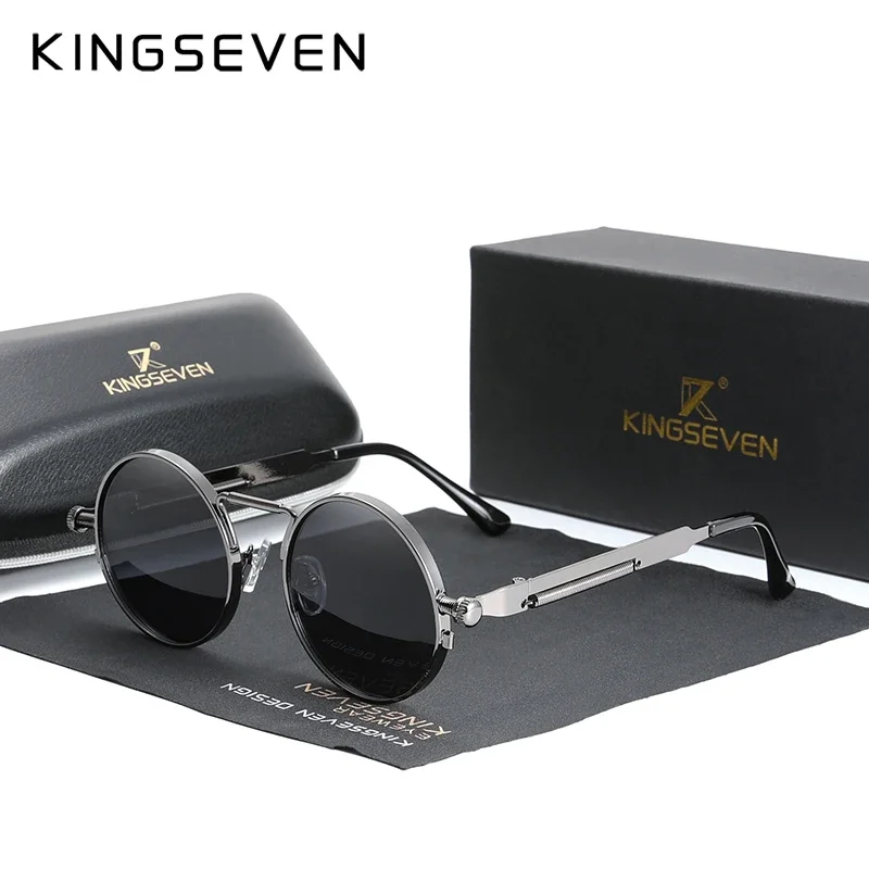KINGSEVEN 2024 Polarized Men Sunglasses UV400 Gothic Steampunk Style Male Round Eyewear Alloy Frame Fashion Sun Glasses