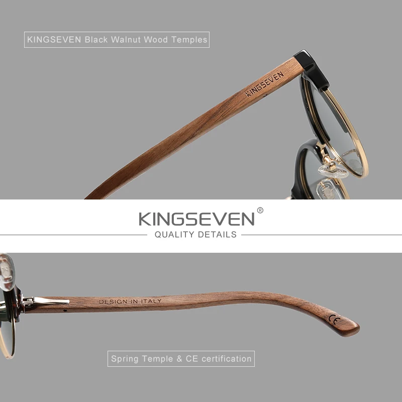 KINGSEVEN Handmade High Quality Black Walnut Wood Sunglasses Fashion Men Women Polarized Mirror Glasses Male UV400 Shades Oculos