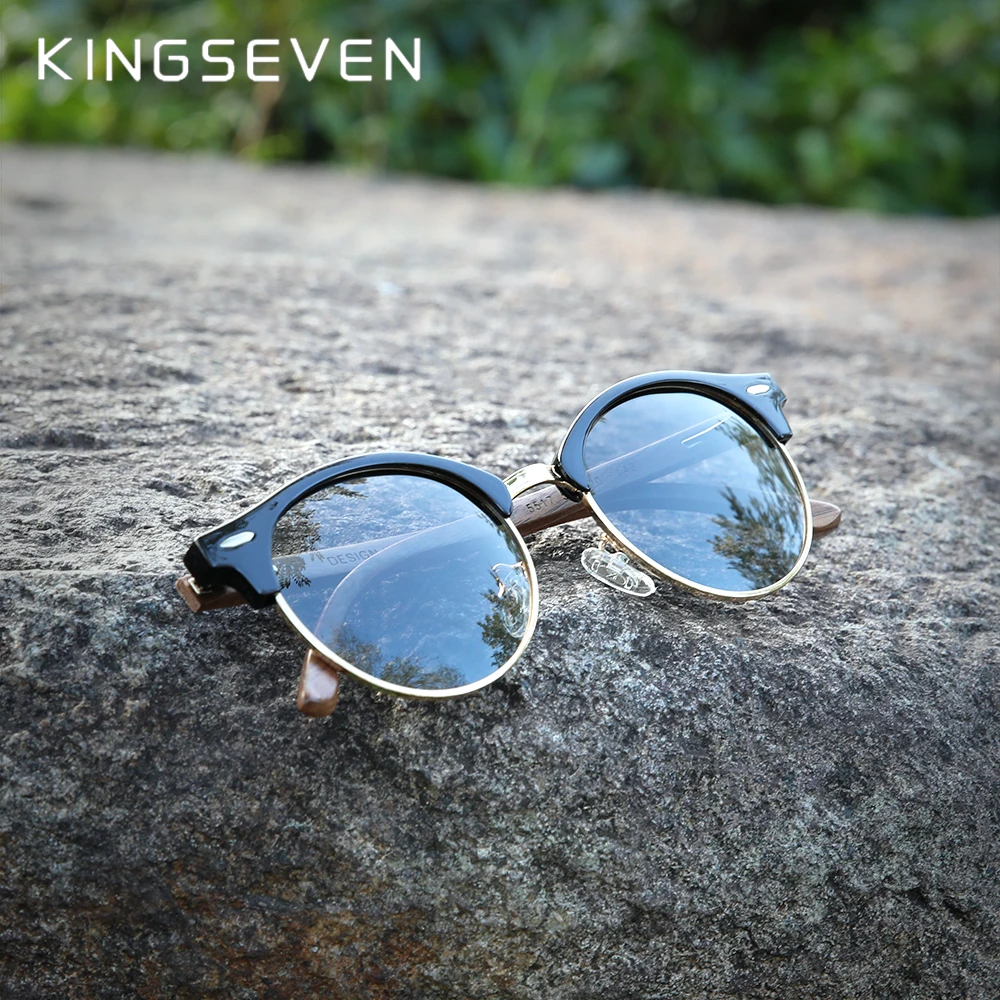 KINGSEVEN Handmade High Quality Black Walnut Wood Sunglasses Fashion Men Women Polarized Mirror Glasses Male UV400 Shades Oculos