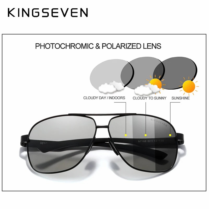 KINGSEVEN New Photochromic Men Aluminum Sunglasses Polarized UV400 Mirror Male Sun Glasses Women For Men Oculos de sol N7188