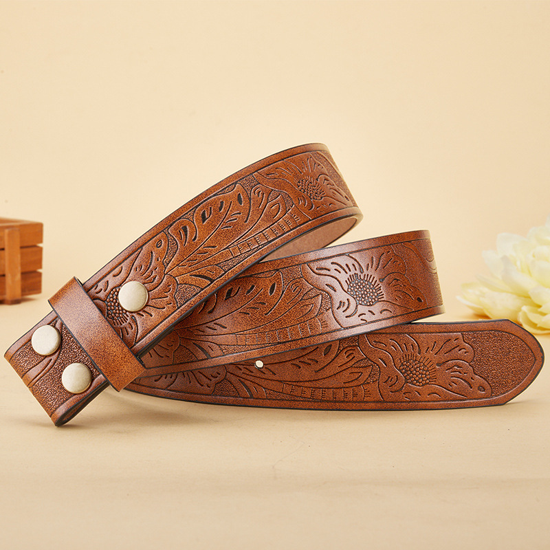 Western Flower Longhorn Leather Belt Without Buckle for Men 1.5 Wide