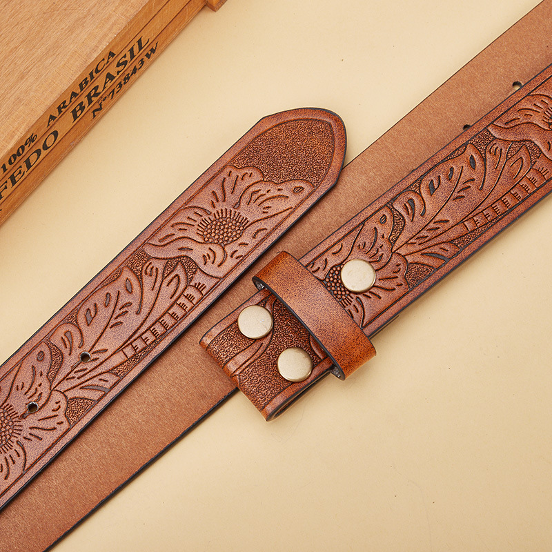 Western Flower Longhorn Leather Belt Without Buckle for Men 1.5 Wide