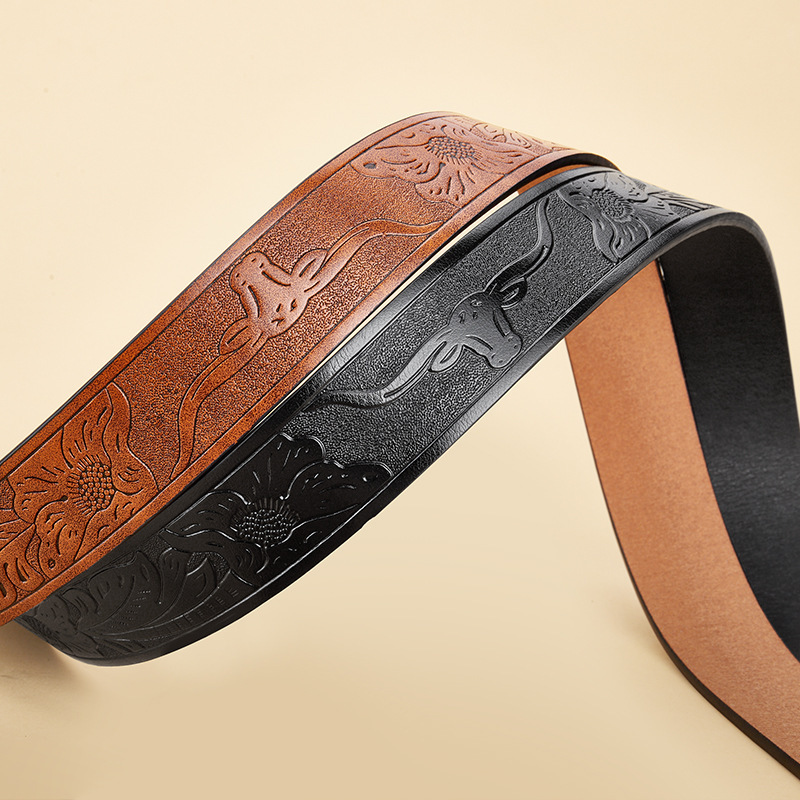 Western Flower Longhorn Leather Belt Without Buckle for Men 1.5 Wide