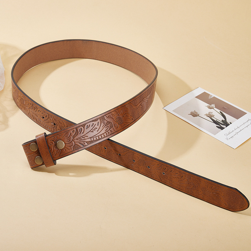 Western Flower Longhorn Leather Belt Without Buckle for Men 1.5 Wide