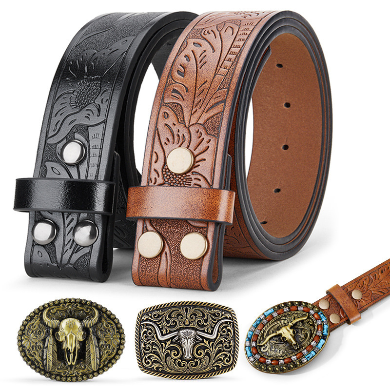 Western Flower Longhorn Leather Belt Without Buckle for Men 1.5 Wide