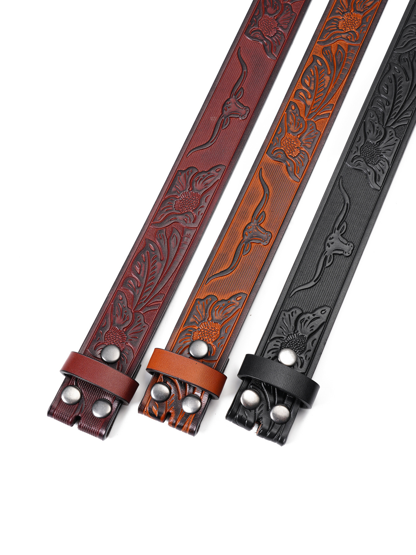 Western Flower Pattern Longhorn Carved Leather Belt Without Buckle 1.5 Wide