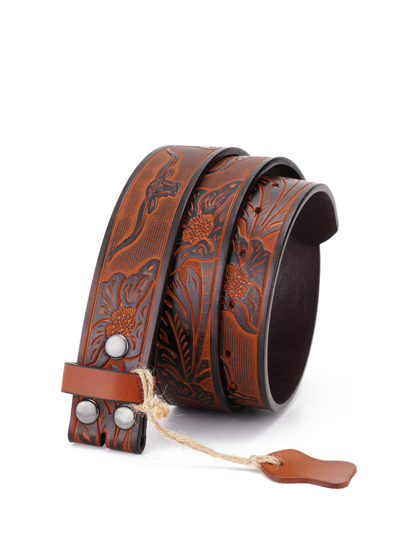 Western Flower Pattern Longhorn Carved Leather Belt Without Buckle 1.5 Wide