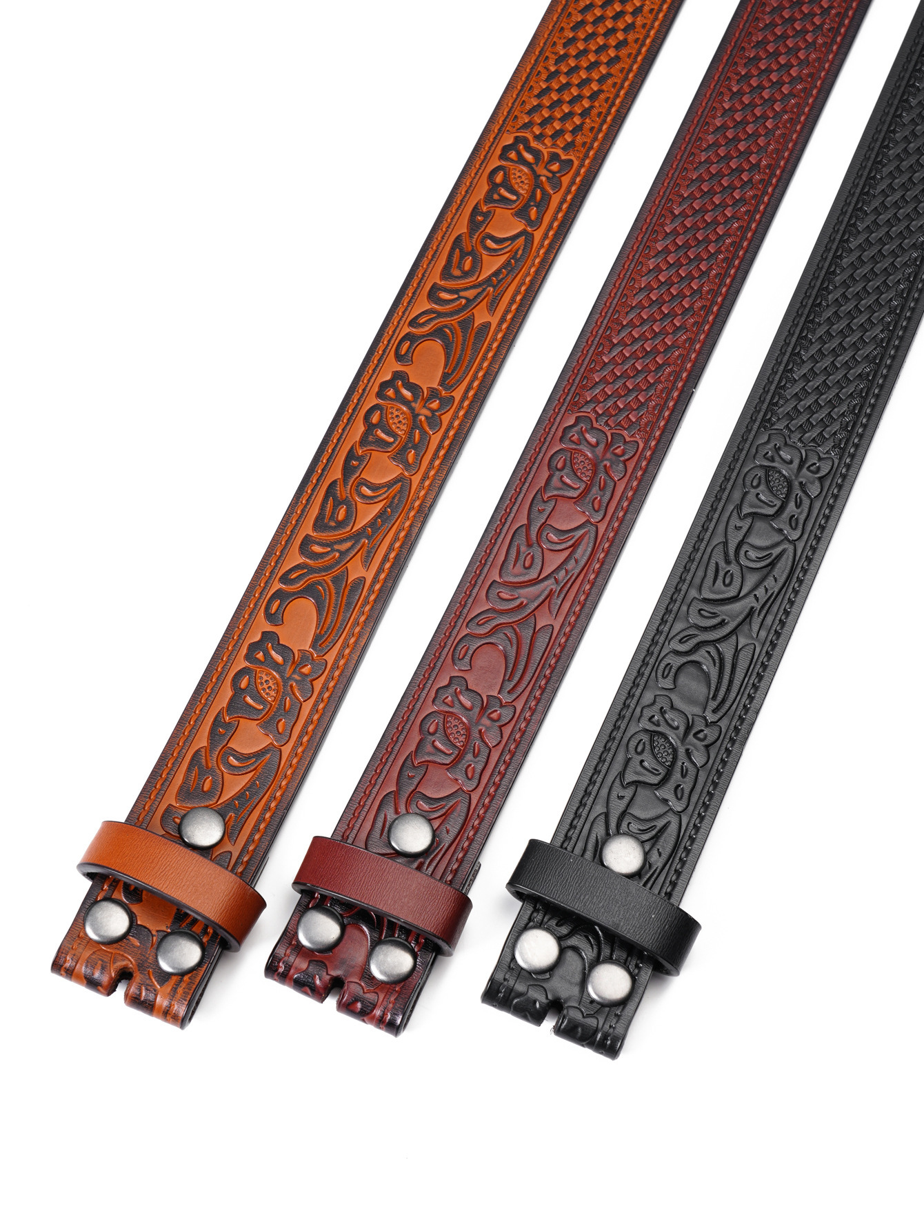 Western Flower Pattern Longhorn Carved Leather Belt Without Buckle 1.5 Wide