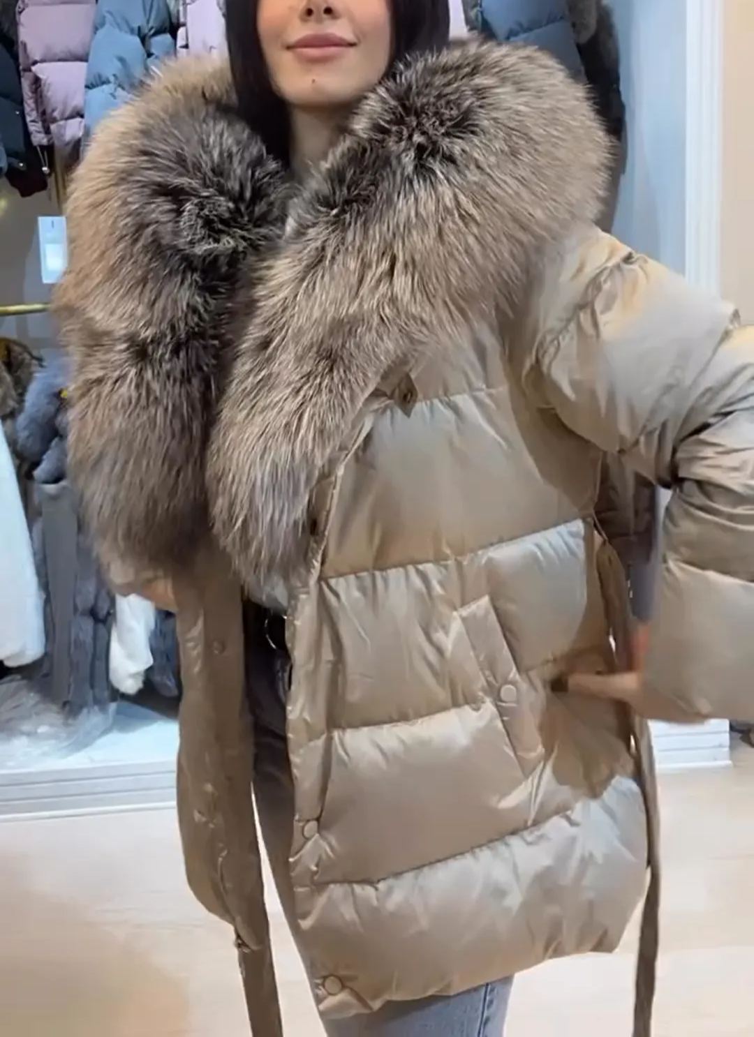 Luxurious Duck - Down Puffer Coat with Fox Fur Collar