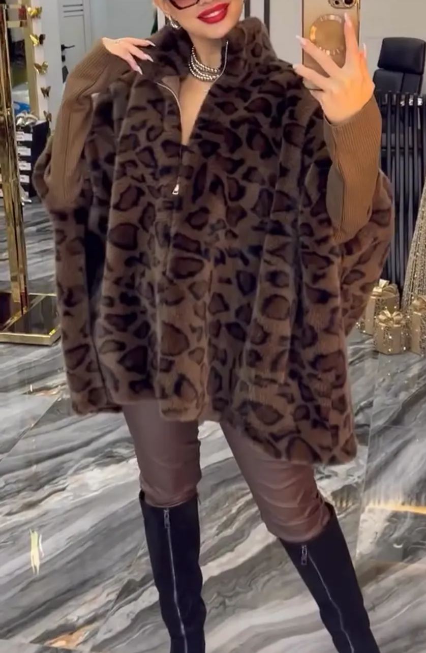 Luxe Leopard Print Faux Fur Poncho