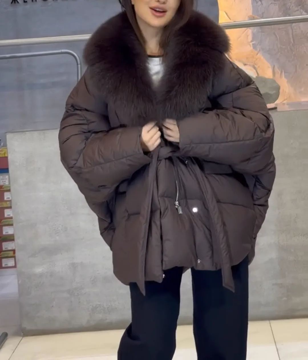 Luxe Kimono-Style Puffer Coat with Fur Collar