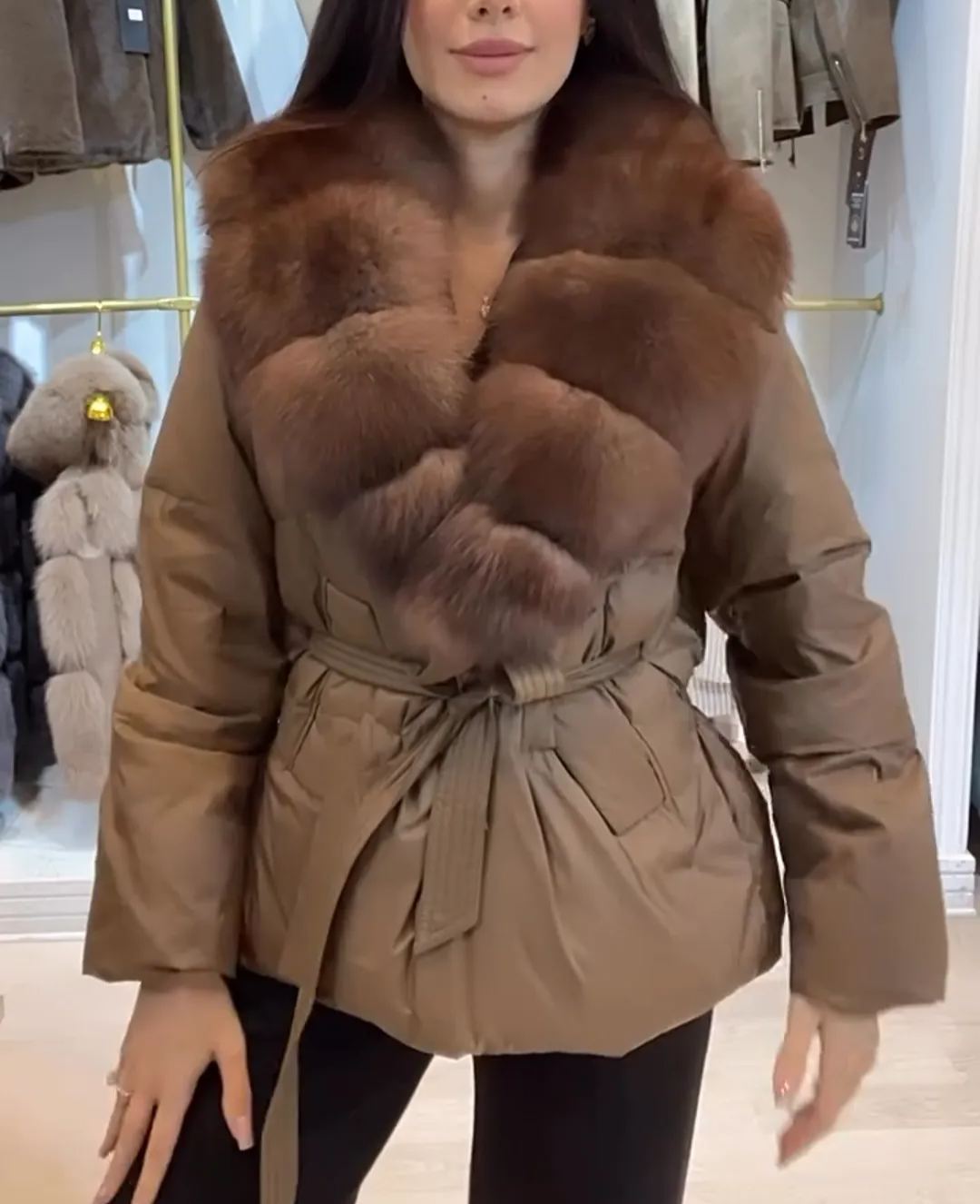 Luxe Belted Puffer Coat with Fur Collar