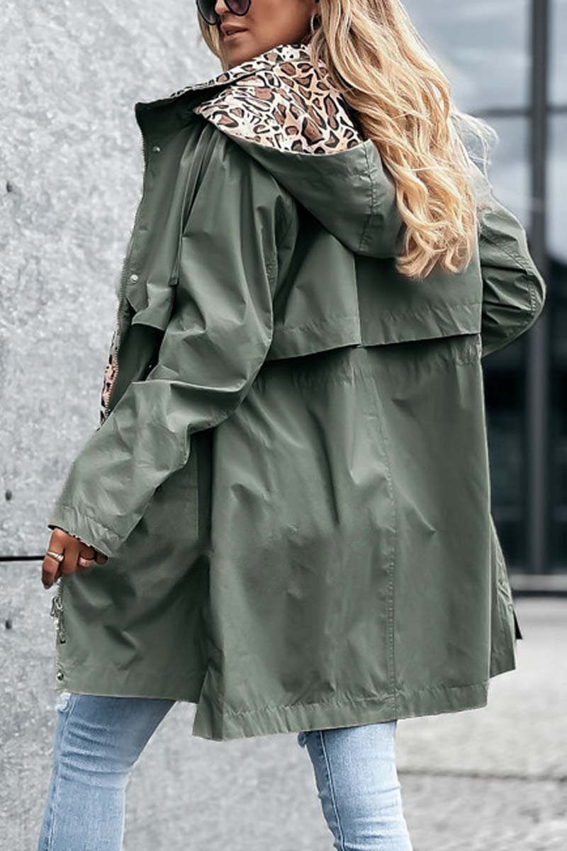 Casual Leopard Print Patchwork Hooded Windbreaker Jacket
