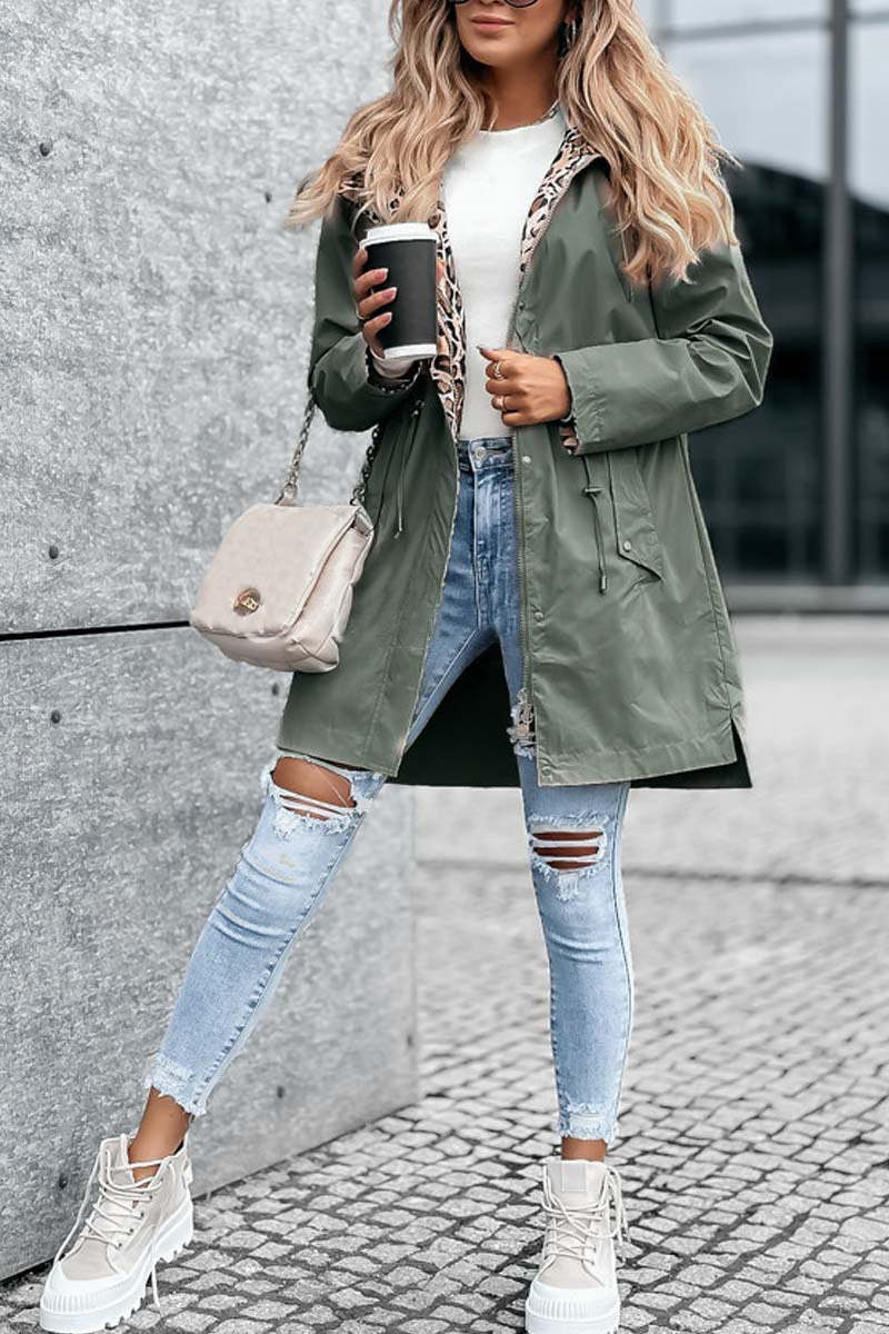 Casual Leopard Print Patchwork Hooded Windbreaker Jacket