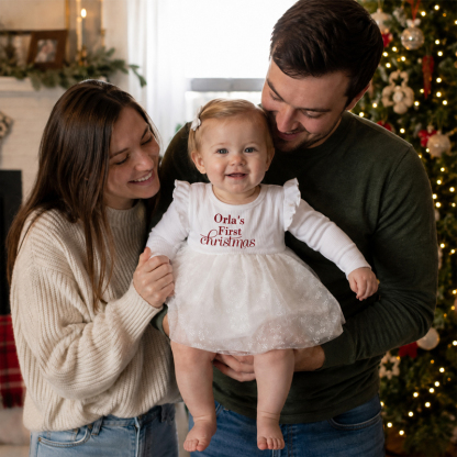 Personalized Baby Girl’s First Christmas Dress – Custom Name Long Sleeve Tulle Bodysuit Outfit