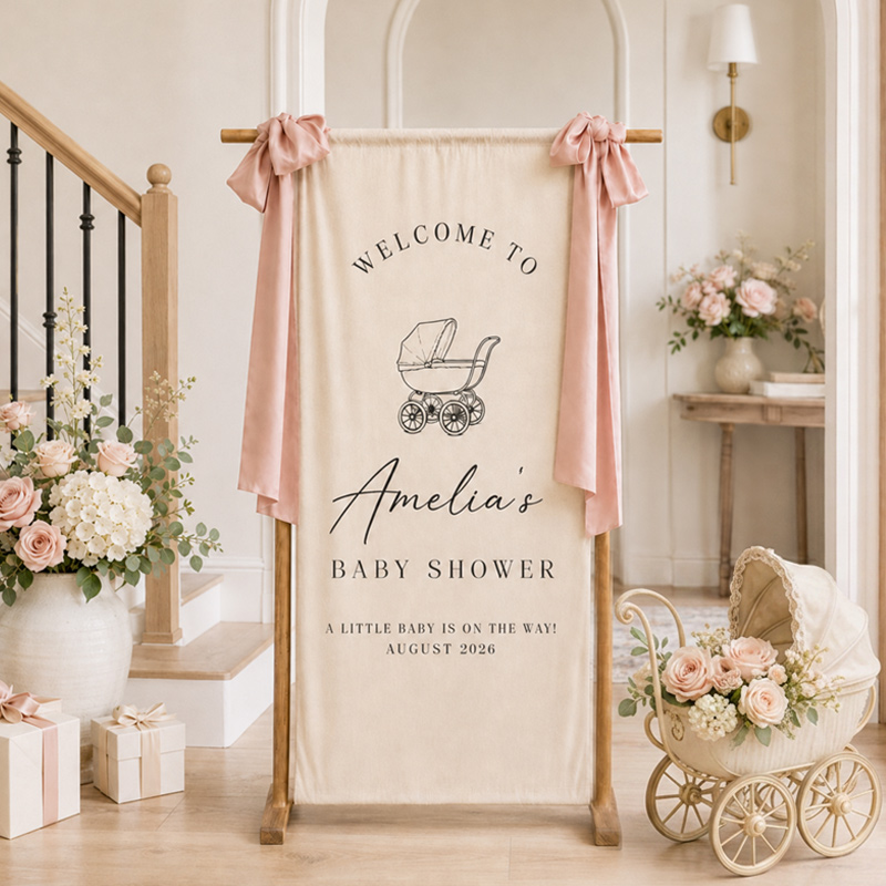 Personalized Baby Shower Welcome Banner – Custom Name, Date, Theme & Ribbon Color Fabric Backdrop