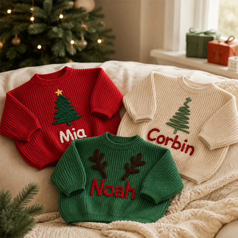 Personalized Baby Christmas Knit Sweater – Custom Name Christmas Tree & Reindeer Holiday Outfit