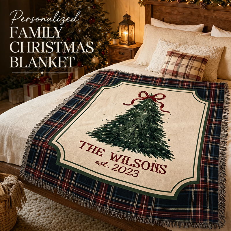 Personalized Family Christmas Blanket – Custom Family Name & Year Plaid Holiday Keepsake Blanket