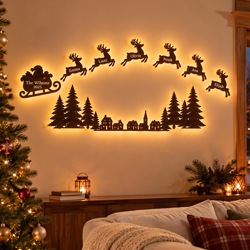 Personalized Family Reindeer Sleigh Wall Light with Names – Custom Christmas Wall Décor