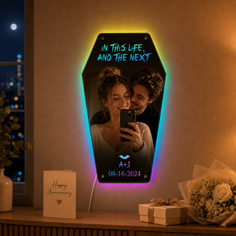 Personalized Till Death LED Mirror – Custom Couple Names & Date Coffin-Shaped Gothic Love Gift