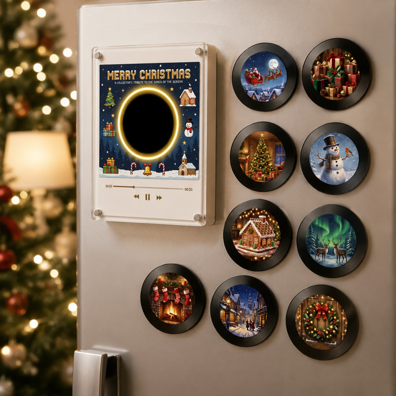 Personalized Christmas Mini Record Fridge Music Player – Custom Song Magnetic Holiday Disc Set