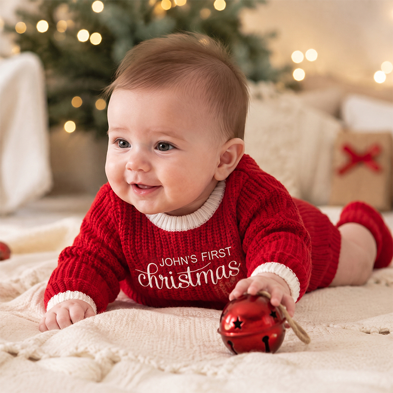 Personalized Baby's First Christmas Sweater– Custom Name Knitted Christmas Outfit for Newborn Baby
